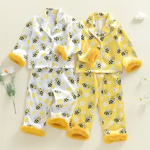 Toddler Baby Little Girls Pajama Sets Cute Bee Long Sleeve Lapel Button Up Bee Print Shirt Pants Sleepwear Spring Winter 6M-5Y