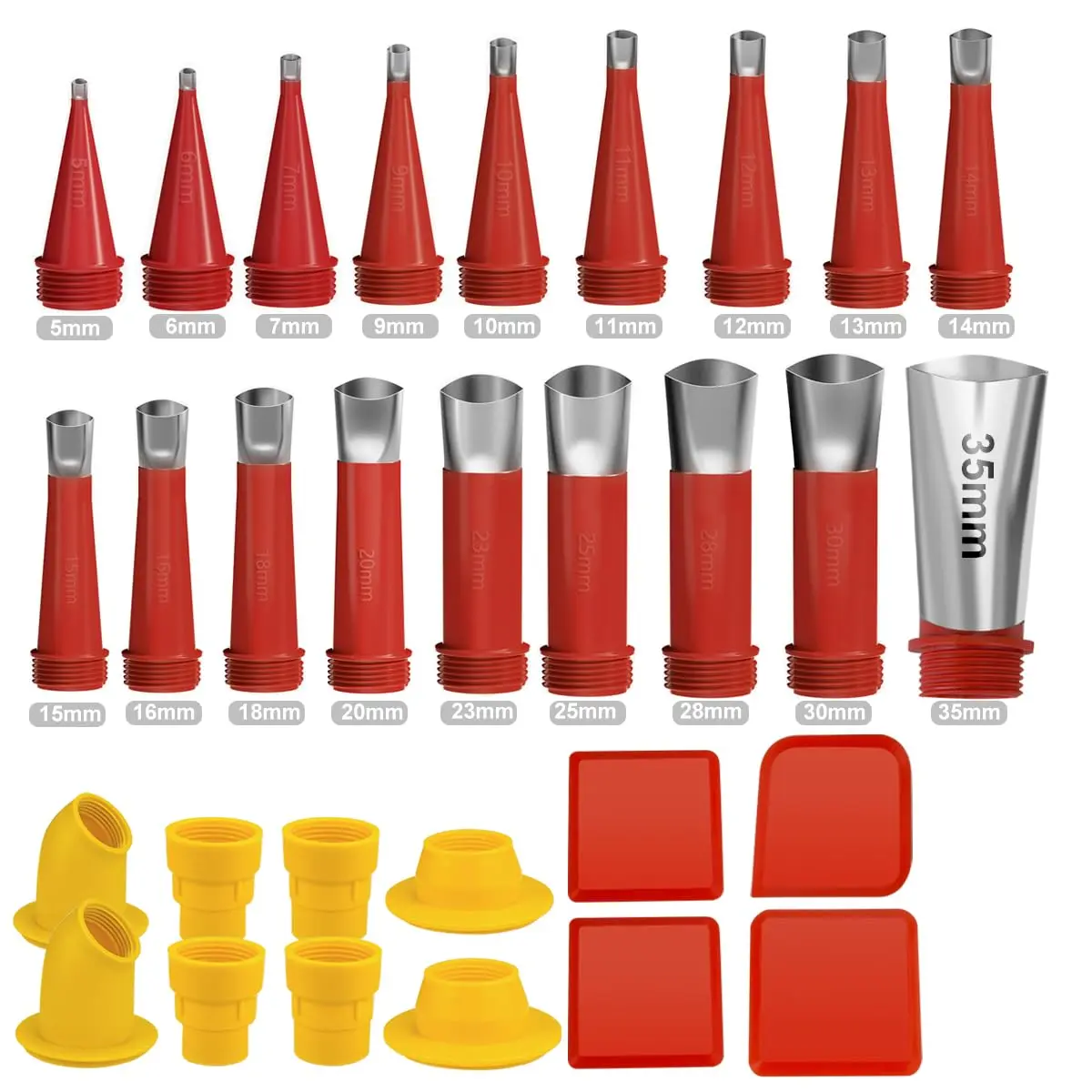 30PCS Reusable Stainless Steel-Silicone Caulking Gun Nozzle Kit - Multi-Size 10mm Varied Widths Equipment, Universally Compatible Durable Finisher Tools Set with 18 Nozzles, 8 Bases, 4 Thin Scraper Blades & Protective Caps for Home Improvement
