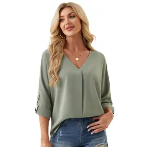YUCOLEN Women Blouses V Neck Asymmetric Hem Lightweight Flowy Shirts 3/4 Roll Up Cuff Womens Tops Business Casual Office
