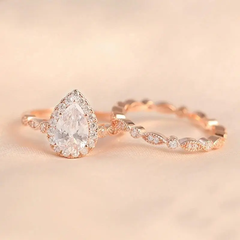 Women's 2-Piece Artificial Gemstone Wedding Ring Set - Exquisite Droplet Cubic Zirconia & Pear-Shaped Gemstone Bridal Rings, Luxury Costume Jewelry for Engagement, Anniversary Gift, Artificial Gemstone Ring, 2 Piece Sets
