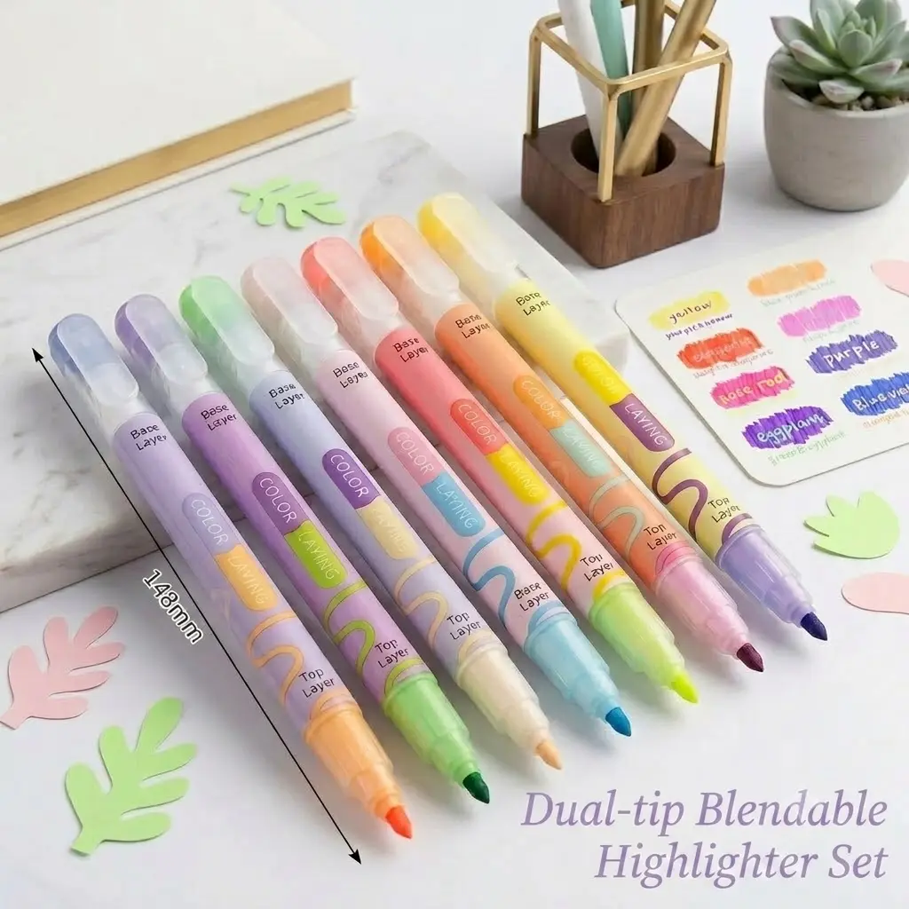 8-Piece Dual-Tip Color Changing Highlighters Set, 16 Layerable Pastel Markers, Office Stationery for Bible Journaling & School Supplies