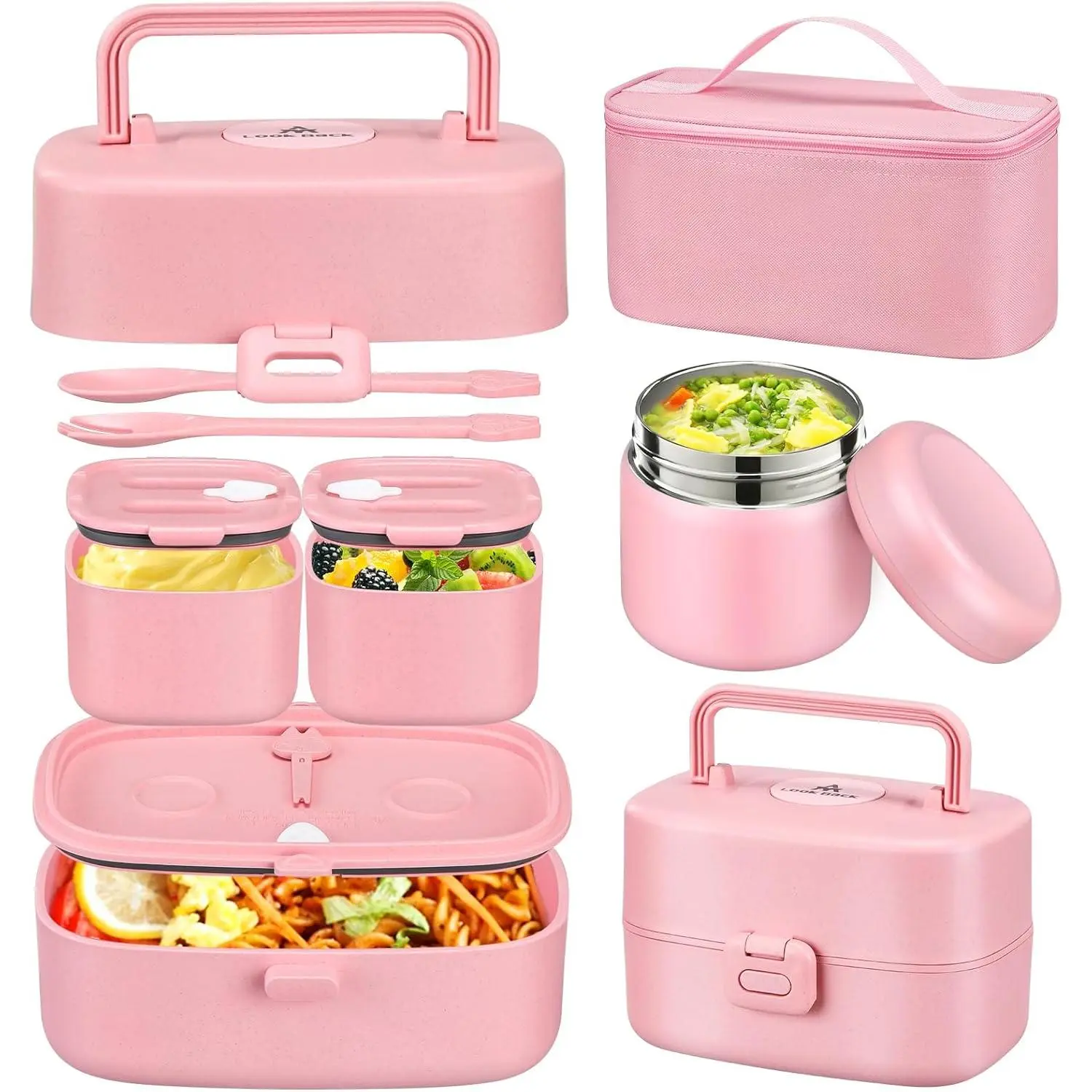 Kids' Bento Lunch Box Set, 2 Leak-Proof Stainless Steel Containers for Food, 8oz Soup Thermos, and Insulated Bag for School - Pink, Thermal Lunch Boxes, 8 Ounces
