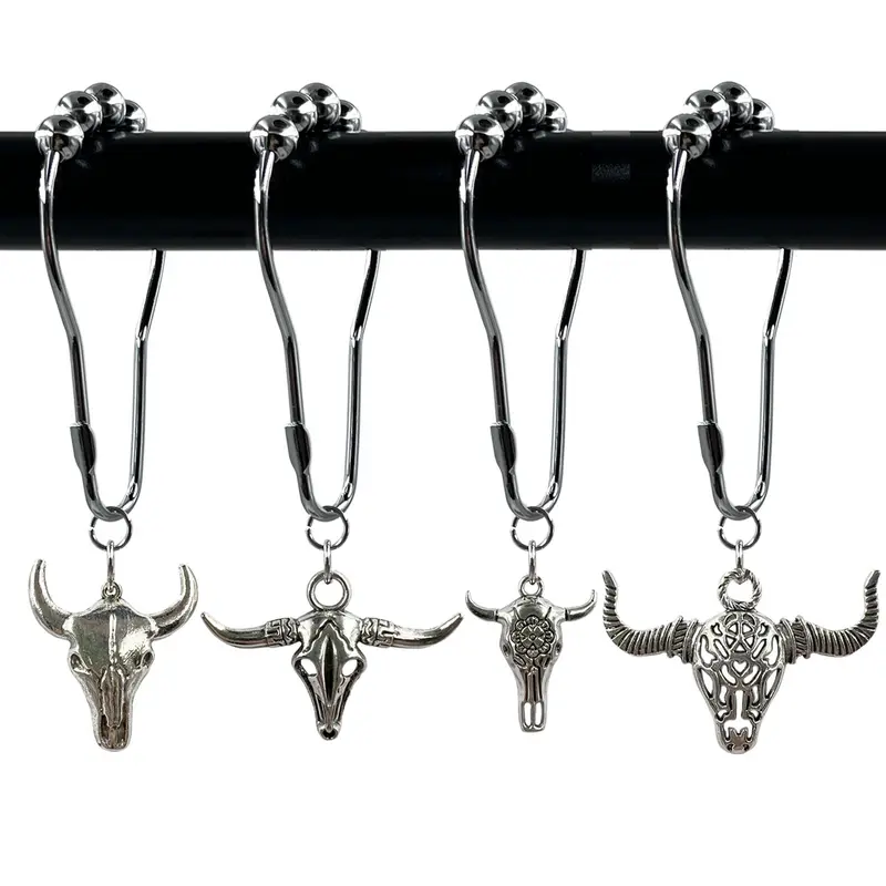 Bull Head Shower Curtain Hook, 12pcs/set Rust Resistant Shower Curtain Ring, Bathroom Curtain Hooks, Shower Curtain Decorative Hook for Home Bathroom, Restroom, Bathroom Decoration Accessories [Package List as Picture Shown]