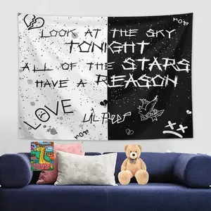 A 2D flat tapestry, looking up at the sky and observing the twinkling stars, with text decorations on the tapestry. It is very suitable for decorating a bedroom or a university dormitory.