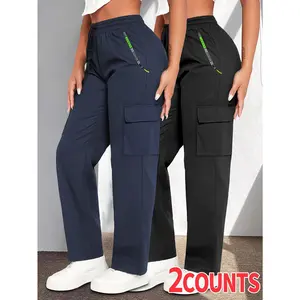 Women's 2-Pack Heavy-Duty Full-Zip Cargo Pants, Zip Pockets & Tool Holder Multi-Pocket Design, Drawstring Waist with Belt Loops, Versatile for Work, Travel & Fall Daily Wear