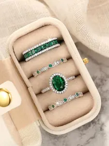 Women's Elegant Emerald Ring Set, Exquisite Trendy Engagement Ring Set, Fashionable Jewelry for Party & Daily Clothing Decor, Birthday Gift with Box, Stackable Rings
