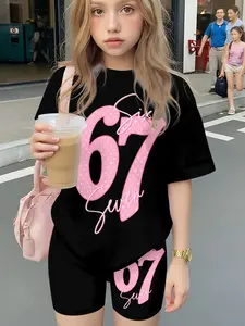 Korean Style Girls Pink Dot 67 Number Short Sleeve & Biker Shorts Set Summer Loose Comfortable Kids 2Pcs