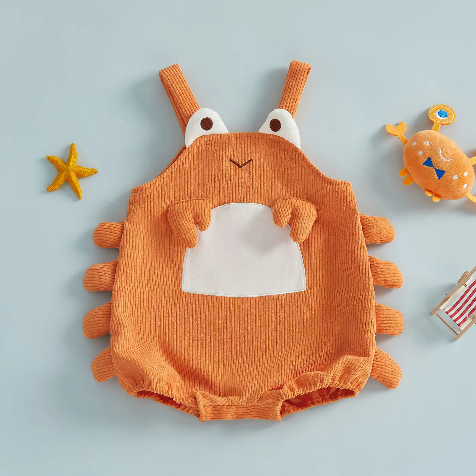 Meihuida Baby Crab Overall Romper Corduroy Sleeveless Cartoon Romper Onesie Cute Gender Neutral Baby Clothes