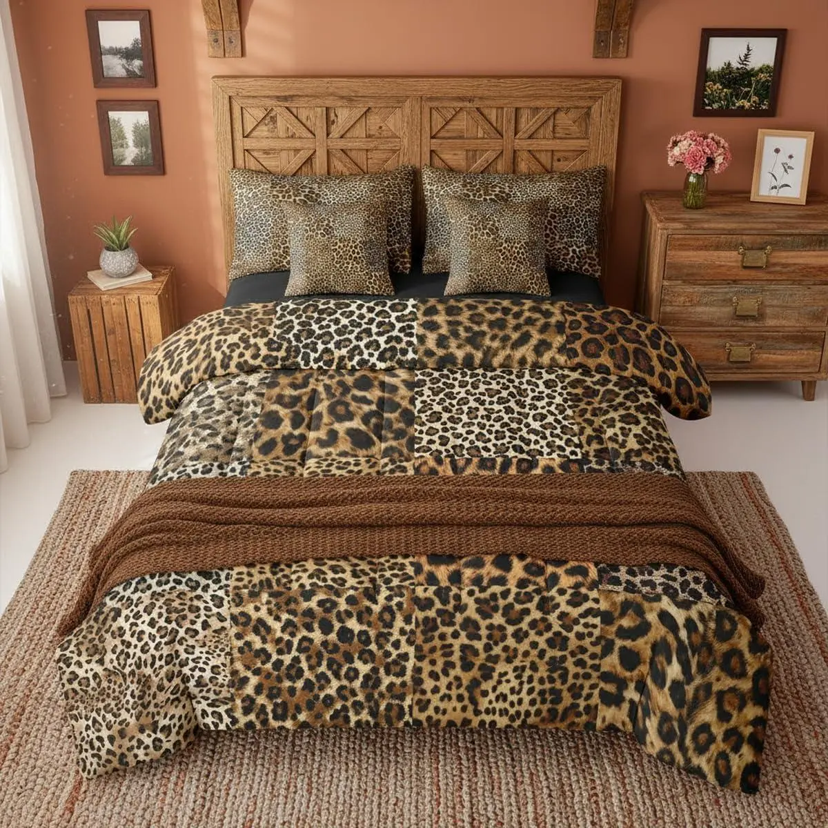 Brown Leopard Print Comforter Set with Sheets 7 Piece African Animal Cheetah Bed in A Bag Wild Safari Skin Pattern Bedding Set,for Women Lady Patchwork Farmhouse Wildlife Bed Set