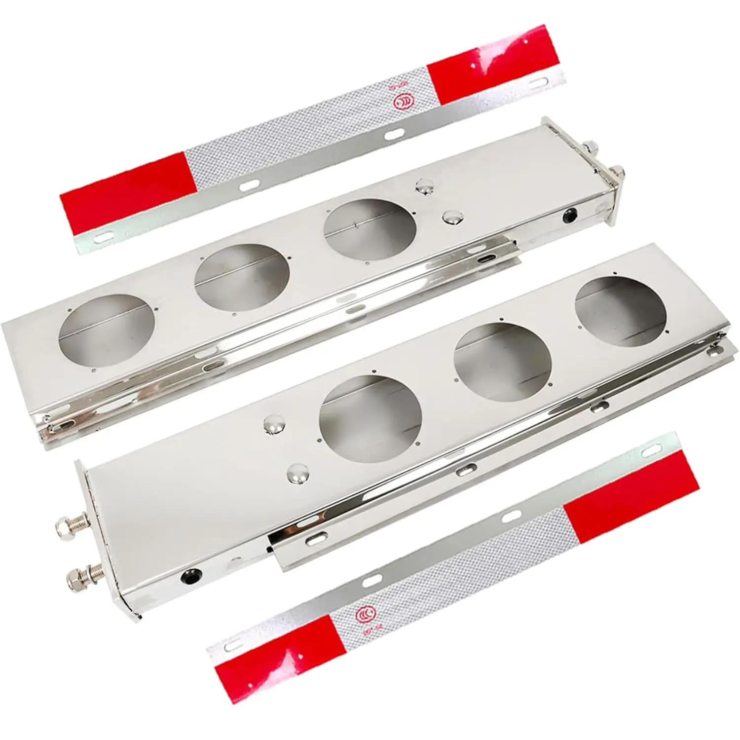 2-Pack Straight Style Stainless Steel Spring-Loaded Mud Flap Hanger Brackets for Semi Trucks (Mack, International, Kenworth, Freightliner) - 2.5" Bolt Spacing, 30" Length, Aluminum Reflective Tapes, 4" Light Cutouts, Car Exterior Accessories