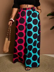 Plus Size Women's Colorblock Polka Dot Wide Leg Pants, Elastic Waist, Casual Summer Wear, Beach Vacation, Daily, Date Night