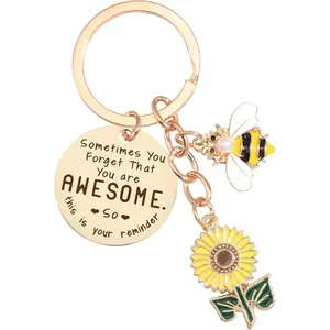 Sunflower Keychain with Bee - Motivational Friendship Gift for Women and Men, Inspirational Keyring for Purse, Backpack, Wallet or Keys