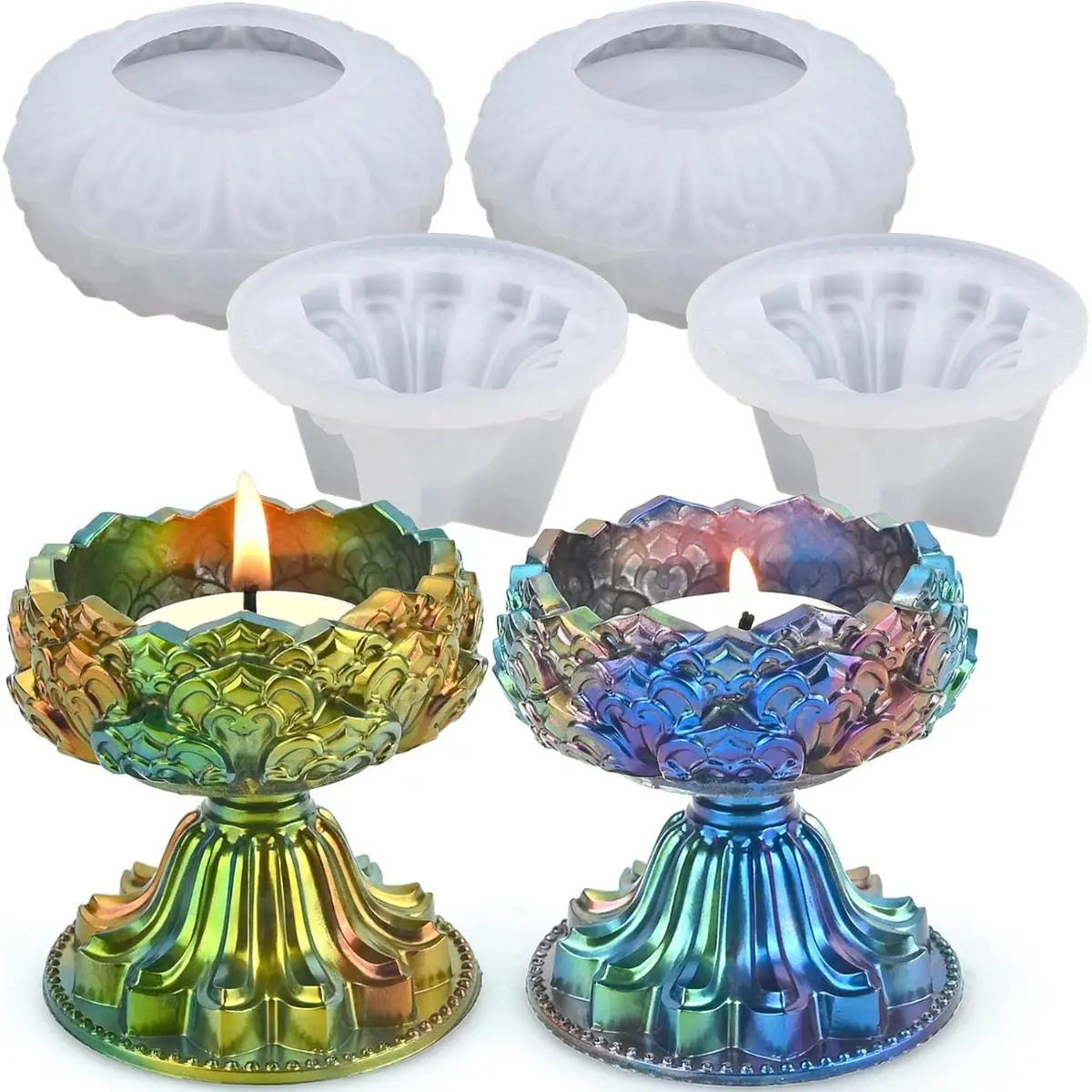 2-Sets Reusable Lotus Candleholder Silicone Molds - Resin DIY Molds for Jewelry Boxes, Wedding Home Decor, Candle Making; Ideal for Housewarming Gifting, Dining Table Accents