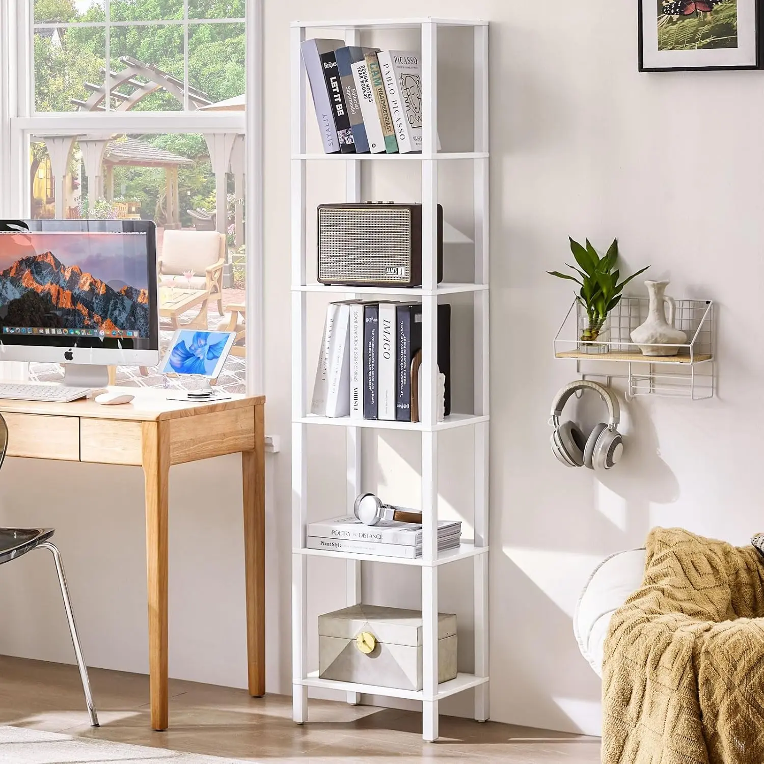 66in Tall Bookshelf 6-Tier Small Narrow Bookcase, Skinny Book Shelf for Small Space, Farmhouse Slim Shelf with Storage,  Freestanding Display Thin Bookshelves for Living Room, Office, White