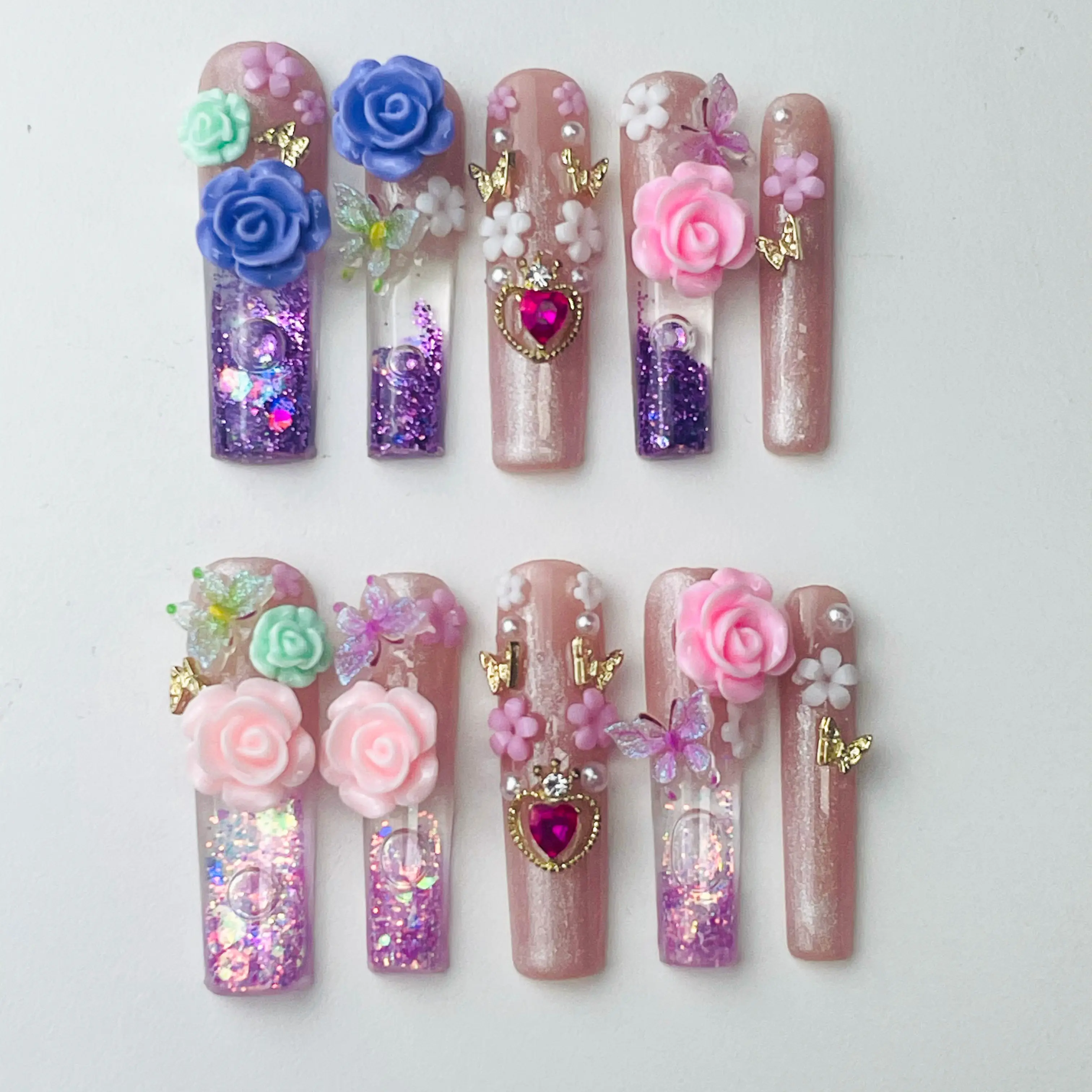 DiDazzle Dopamine "Rose Sugar" 1.7in Press-On Nails - Pink Liquid Core Square Pastel Summer Beauty Accessories, Aquarium Nail Kit for Aquarium Enthusiasts