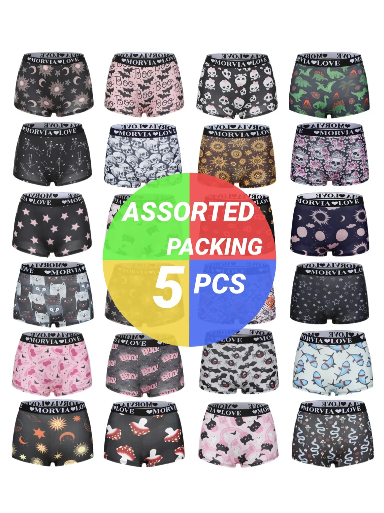 Morvia Random Women's All Over Print Boxer Brief, Breathable Comfortable Underwear for Daily Wear, Women's Underwear for All Seasons, Panties, Casual Soft Panties, Breathable Stretch Panties, Casual Comfy Panty
