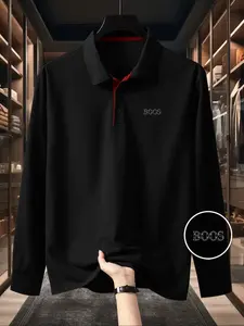 Men's Solid Color Long Sleeve Pique Polo Shirt, High-End Fashion Fabric, Casual Sports Leisure Wear, All Seasons, Geometric Print