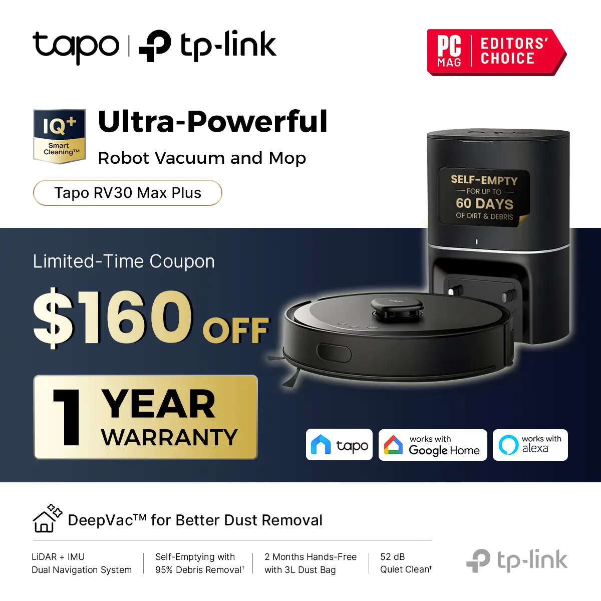 [DealsForYouDays] Tapo RV30 MAX Plus: LiDAR Robot Vacuum & Mop with Auto-Empty Dock, 5300Pa,Smart Mapping, Voice Control, 97%+ Dust Pickup, 3L Dust Bag, 2 Months Hands-Free Cleaning