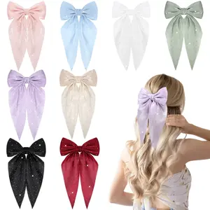 8Pcs Rhinestone Tulle Layered Hair Bows for Women Girls 5.3 Inch Barrette Hair Clip Long Gauze Bows French Style Hair Accessories (Small tulle bow)