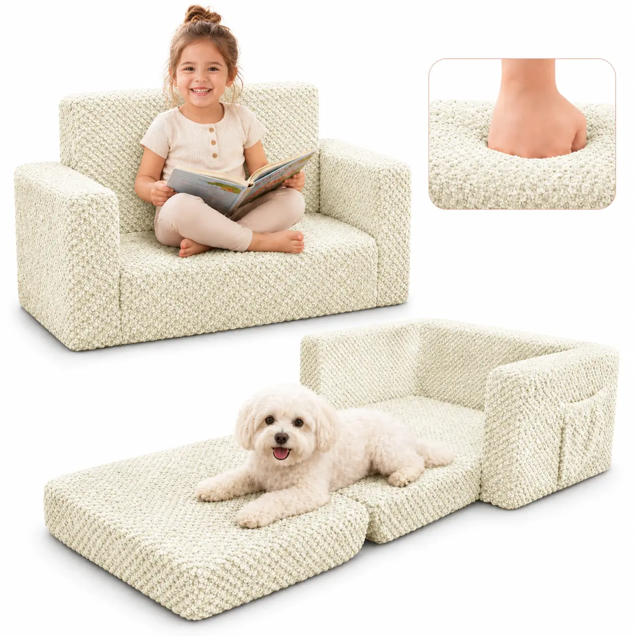 2-in-1 Kids Couch, Fold-Out Toddler Sofa Bed, Soft & Comfy Lounger for Naps, Reading & Play, Cute Gift for Boys & Girls