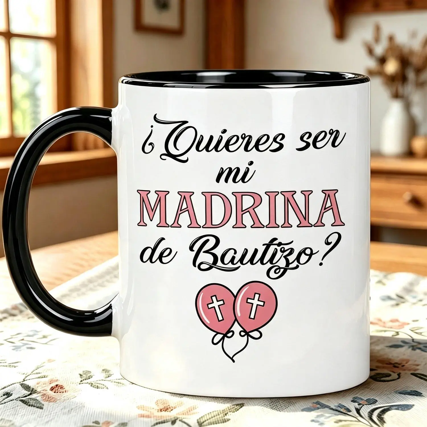 Spanish Baptism Godmother Proposal Gift 1pc 11Oz Ceramic Mug Do You Want to Be My Baptism Godmother Cross Heart Balloon Cursive Great Gift for Baptism Birthday Gift for Female Godmothers Friends Family