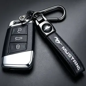 Genuine Leather Wristlet Keychain, Anti-Lost D Ring Key Ring Auto Accessories, Stylish Daily Carry Decor Gift for Men Women, Compatible with Ford Mustang Car Key Fob Holder Black Car Keychain Set