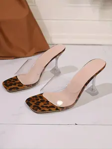 Summer New Transparent Strap Square Toe Crystal Heel Sandals, Nude Color High Heel Slippers for Women, Above Ankle Below Knee, Footwear