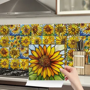 24PCS/Box NHZ Van Gogh-Style Sunflower Stained Glass Patchwork Decorative Wall Stickers | Crystal Film Peel & Stick Splash Guard | Waterproof Oil-Proof for Kitchen Bathroom Furniture Stairs