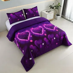 2/3pcs Dreamy Purple Neon Heart Bedding Set, Glow in Dark Galaxy Comforter Set with 1 or 2 Pillowcases, Soft Microfiber Romantic Bedding for All Seasons, Room Decor, Machine Washable, Gift for Family and Friends