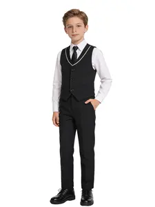 Boys' formal vest 3-piece set (vest + pants + tie), suitable for weddings and special occasions, page boy suit, prom dress, elastic waistband, fashionable formal wear (excluding shirt) - 24102