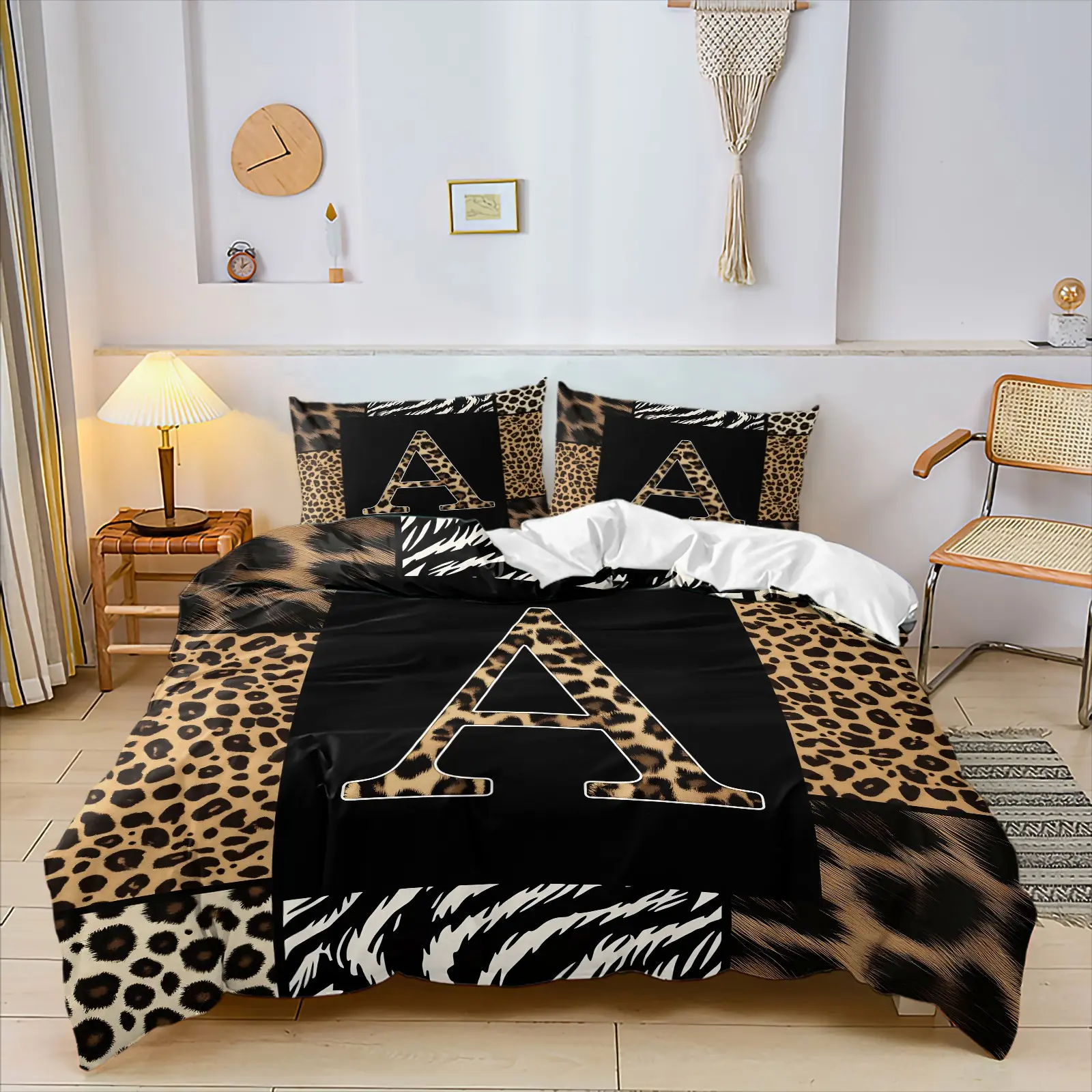 Letter A-D Customizable Leopard Print Duvet Cover Set, Includes 1 or 2 Pillowcases, Modern Animal Pattern Bedding Set, Printed Bedding Set, Soft & Lightweight Bedding Set, Comfy Bedding Sets, Bedroom Decor, Custom Birthday Gift, Leopard Duvet Covers