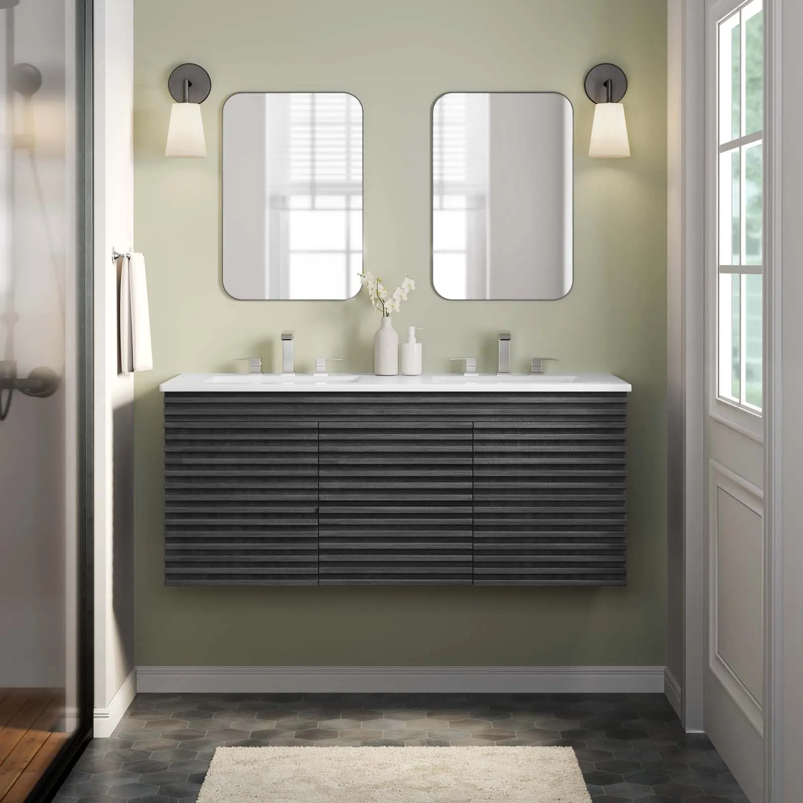Modway Render 48" Wall-Hanging Modern Bathroom Vanity Set, Charcoal White Finish with 48" Ceramic Double Basin Top, Adjustable Faucet, Durable Ceramic Countertop, Storage (Home Improvement Bathroom Fixture Set)