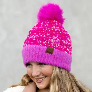 CC Sequin Fur Pom Beanie