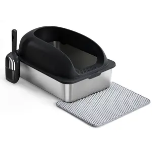 Stainless Steel Cat Litter Box with Lid, 11.8-Inch High Walls to Prevent Spills, Includes Scoop & Anti-Slip Mat for Large Cats