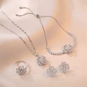 Jewelry Set, Necklace Fashion Four-Piece Rotating Earring Ring Necklace Super Flash Micro Inlaid Zircon Clavicle Chain