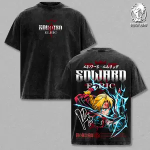 Edward Elric Alchemist Oversized T-Shirt – FMA Anime Vintage Washed Double Printed Graphic Tee, Heavy Cotton Unisex Streetwear Top, Gift for Anime Fans