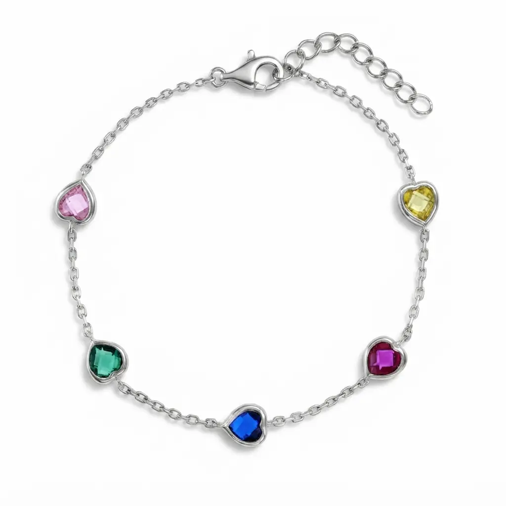 6"- 7" Multicolored Heart CZ Kids Girls Bracelet - Sterling Silver