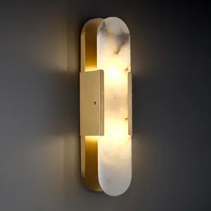 Modern 2-Light Natural Marble Brass Alabaster Wall Sconce,Wall Lamp with Alabaster Shade for Living Rooms(1pcs)