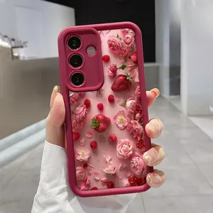 Strawberry and Pink Moonflower Advanced fashion gift Case for Samsung S24 ultra plus S25 S23 S22 Ultra Plus Shockproof Non Slip Military-Grade Protection Silicone Cover