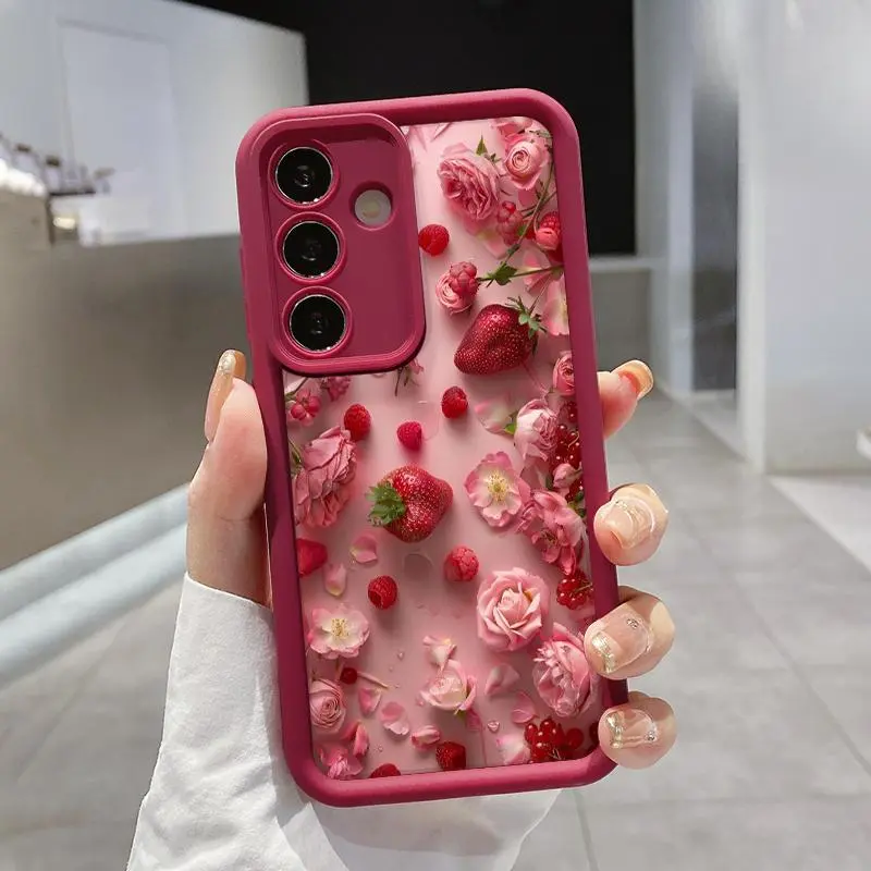 Strawberry & Pink Moonflower Silicone Smartphone Case, 1.2mm Shockproof Anti-Drop Military-Grade Protection Cover, Non-Slip Fashion Accessory for Samsung S22/S23/S24 Ultra Plus, S25, Accessories