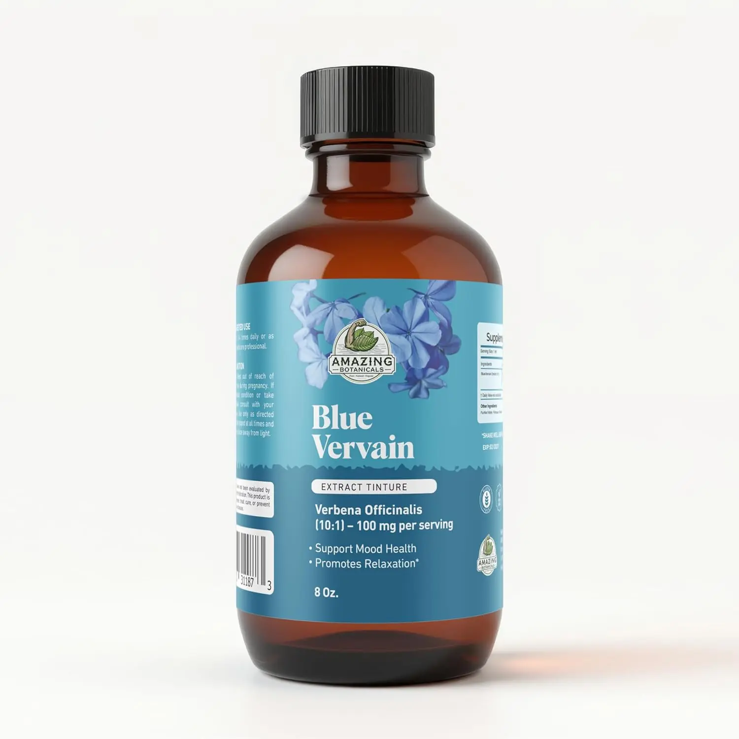 Amazing Botanicals Organic Blue Vervain 10X Concentrated Botanical Extract Tincture - Alcohol-Free, GMO-Free, Edible Dietary Fitness Supplement Liquid - Calm Mind, Soothing Nervous & Immune System Support - 8oz/240ml Verbena Hastata