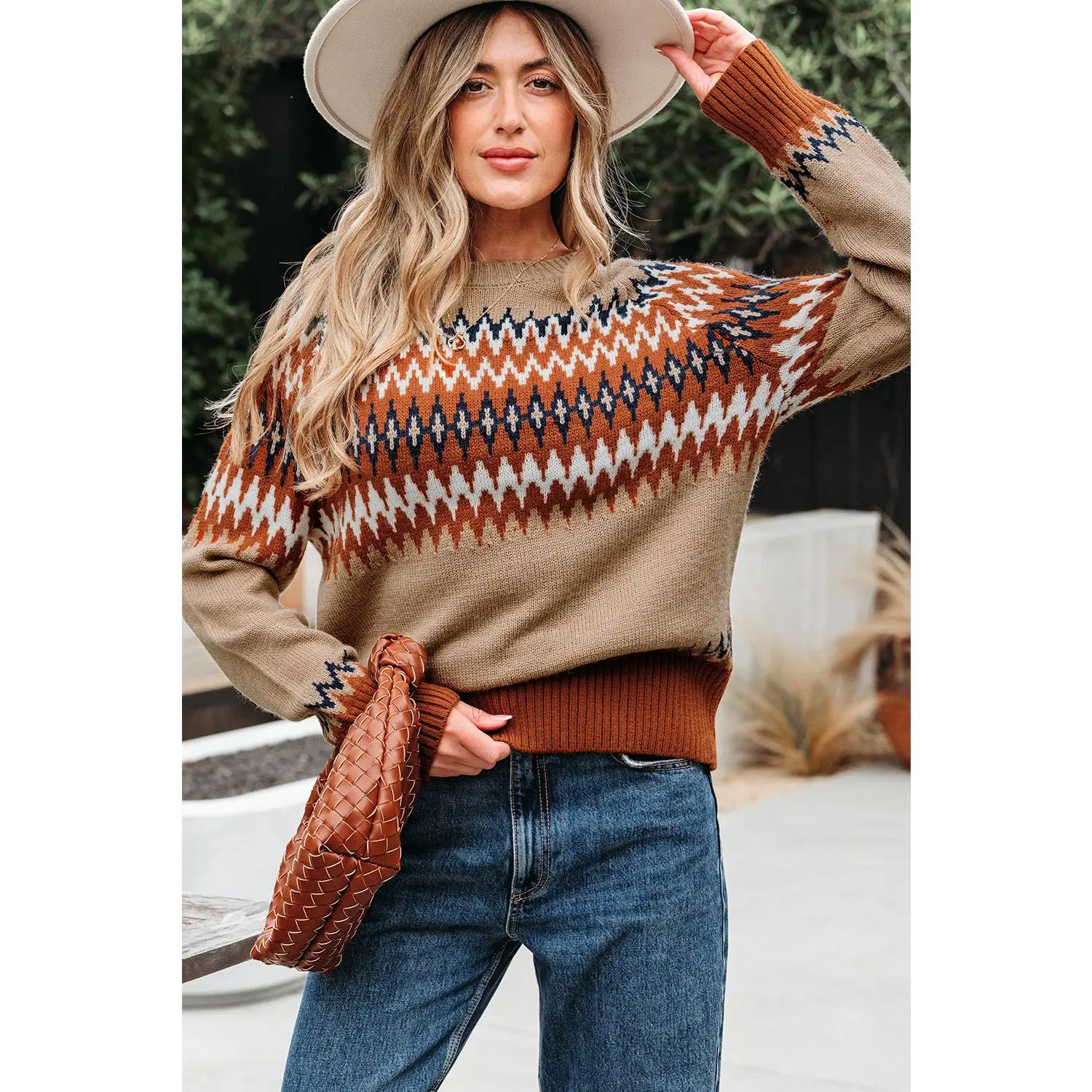 Khaki Aztec Print Colorblock Crew Neck Sweater