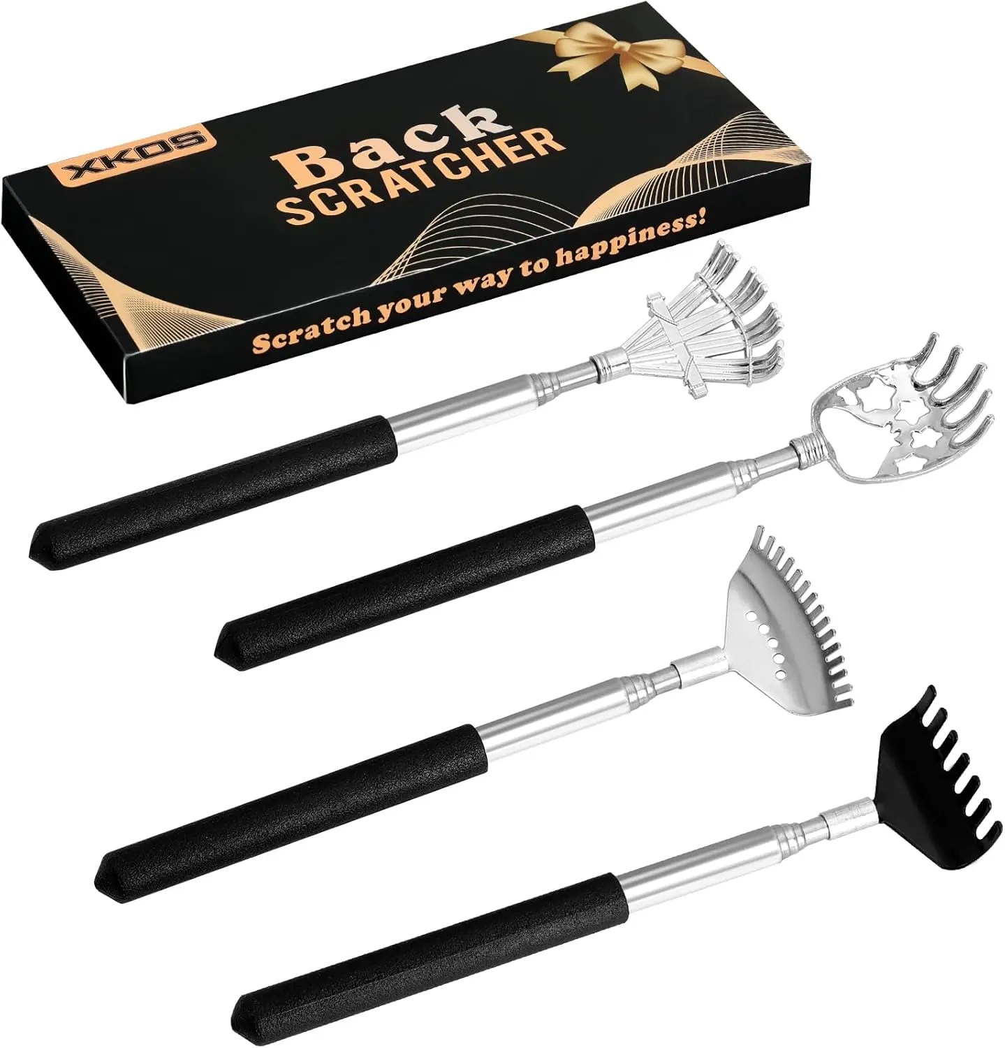 4 Pack Different Back Scratcher Portable Telescoping with Rubber Handles, Extendable Metal Back Massager Tool with Beautiful Box, Stocking Stuffers for Men Women Adults (Black)