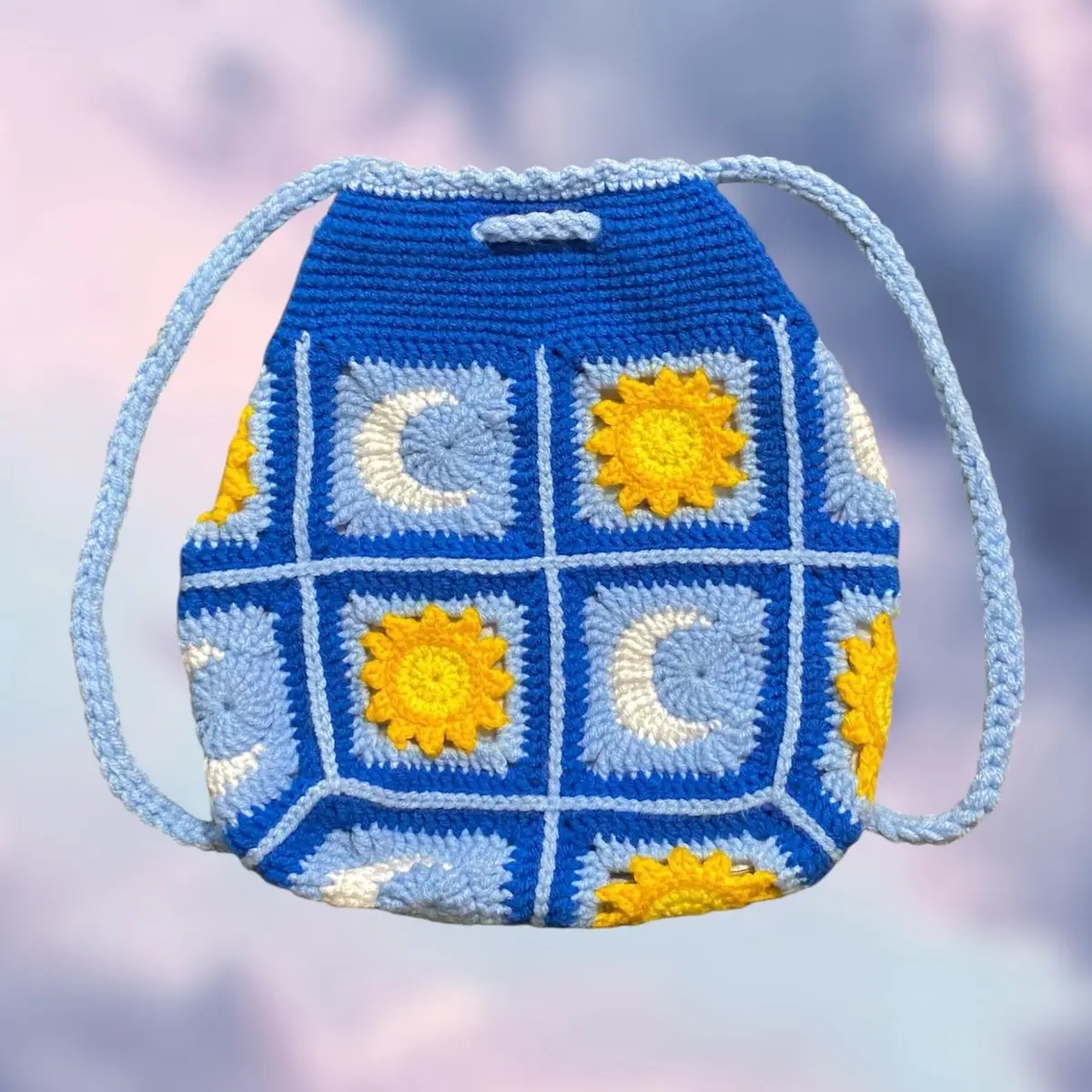 Handmade Crochet Drawstring Backpack with Sun & Moon Design