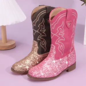 【Rodeo Boots】Pasuvo Adorable Toddler Girls and Boys’ Sparkle Glitter Cowboy Boots PU boots – Western Style Mid-Calf Riding Shoes for Little and Big Kids, Perfect for Every Cowgirl Pink, Black, Gold, Brown