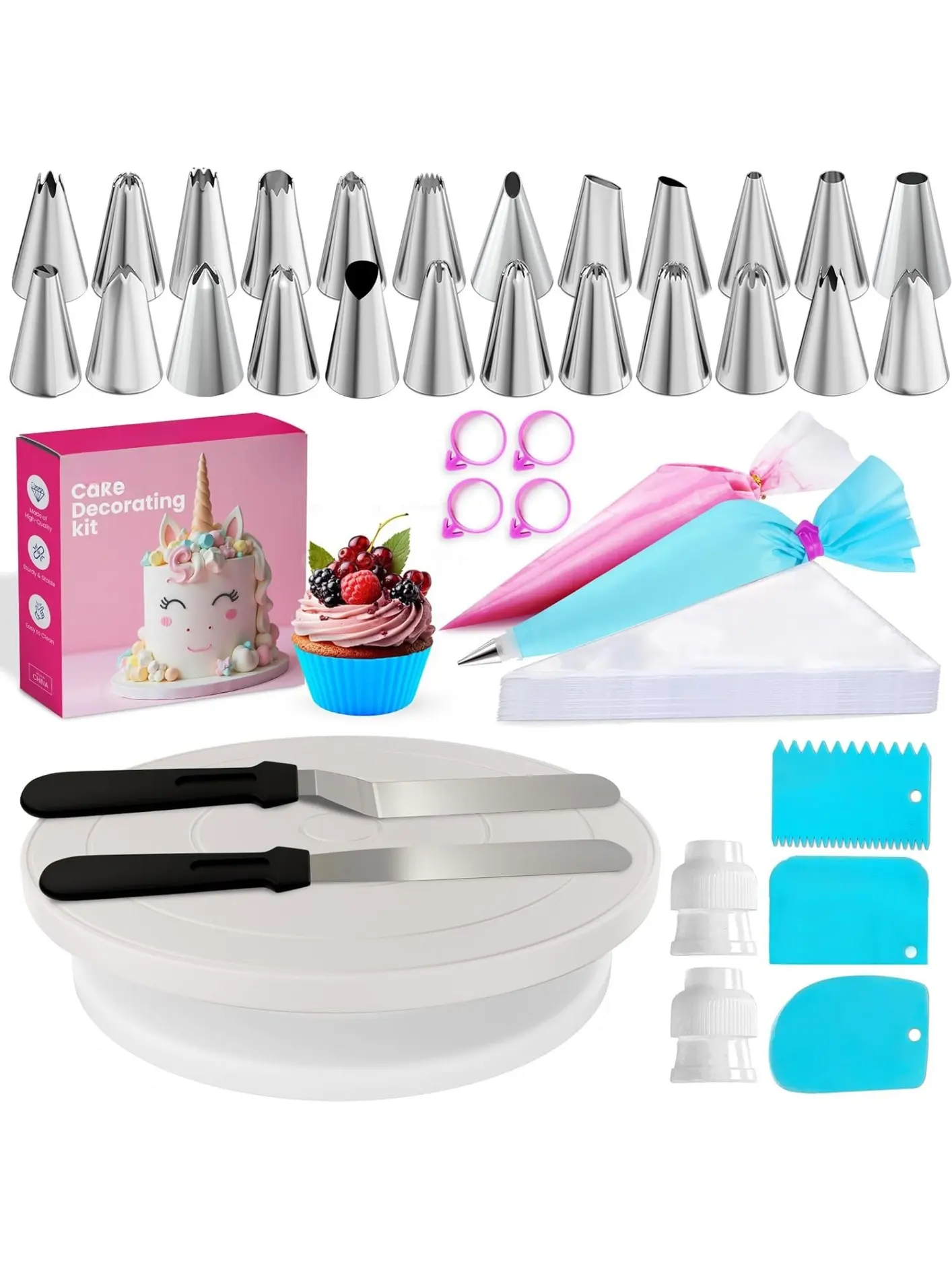 94 pcs Cake Decorating Kit with Cake Turntable - Includes 50pcs 16 Inch Disposable + 2 Reusable Piping Bags and Tips Set, 24 Icing Piping Tips, 2 Spatulas, 3 Icing Comb Scraper, 6 Cake Liners