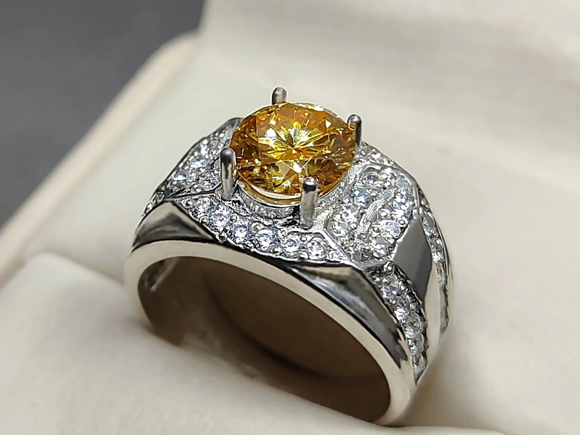 Diamond Cut 2 Carat Golden Moissanite Diamond Sterling Silver 925 Handmade Channel Set Ring Men's Engagement Ring
