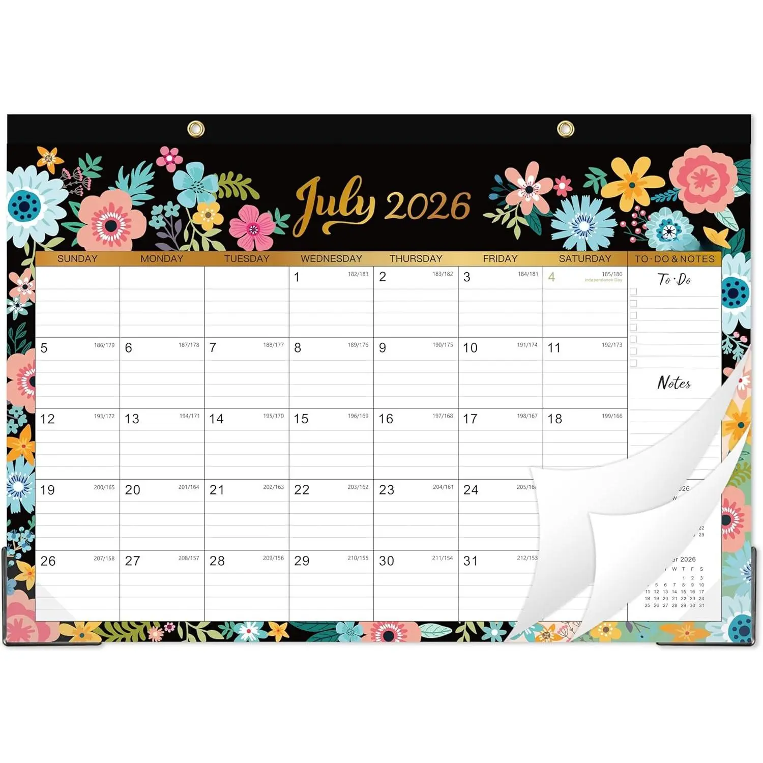 Calendar 2026-2027 - Desk Calendar 2026-2027, 18-Month Desk/Wall Calendar, Jul. 2026 - Dec. 2027, 16.8" x 12", Desk calendar with Corner Protectors, Ruled Blocks - Black Floral