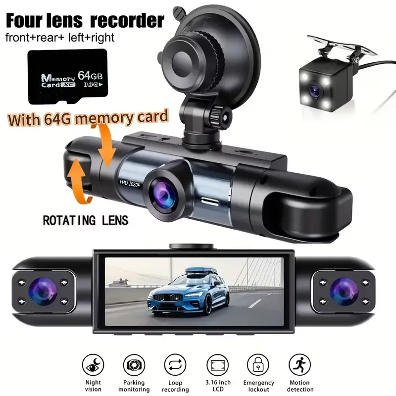 4-Channel 4-Lens 1080P Full HD Dash Cam, Front Rear Left Right Recording, Includes 64GB SD Card, Non-Wireless Plug & Play Car DVR, 24H Parking Monitoring, HD Display