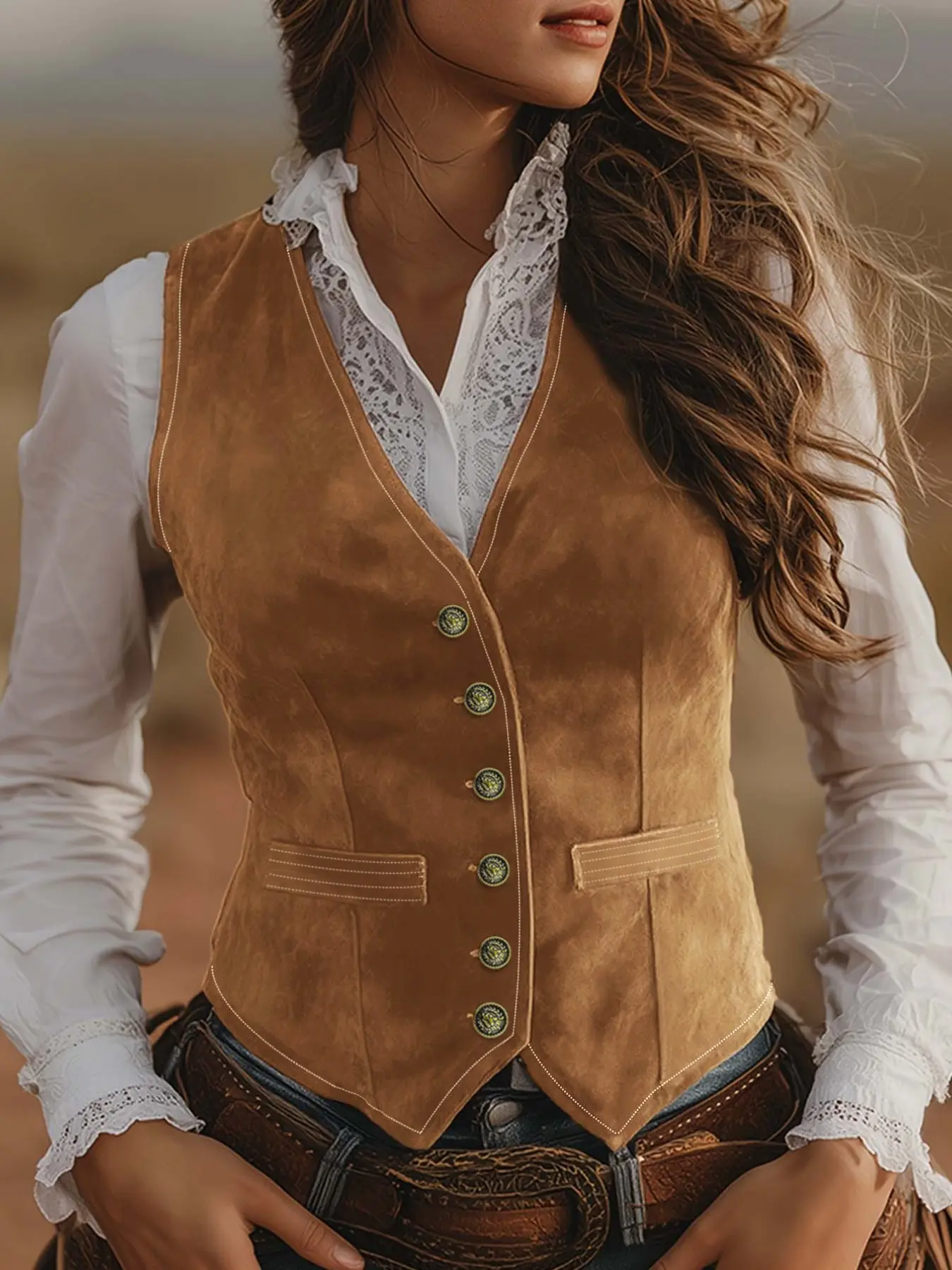 Elegant Vintage Solid Color Metal Button V Neck Sleeveless Women's Faux Fur Vest, Multi-Season Fashionable Outerwear Womenswear